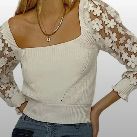 "French Connection" -Juri Mozart Caballo Womens Floral Lace Sleeve Sweater - Picture 6 of 6
